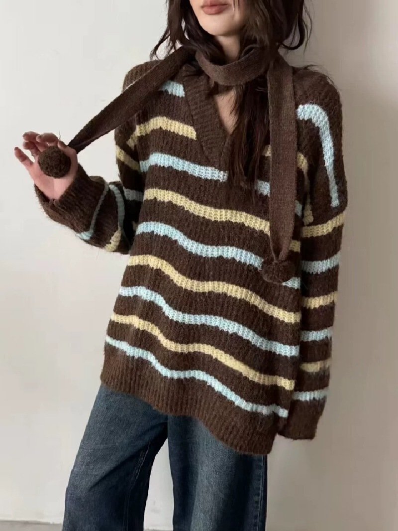 Vapetix Free Size-Free Size Winter 2025 Knit Top Striped Innerwear V-Neck Women's Loose Hanging Neck Turtleneck Korean Thickene - 图片 6