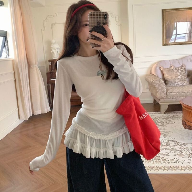 Vapetix S-XL Cotton-Linen Ballet Style Lace Edge Hem Base Top Women's Autumn Layerable Upper Body Slim Fit Long - 图片 8