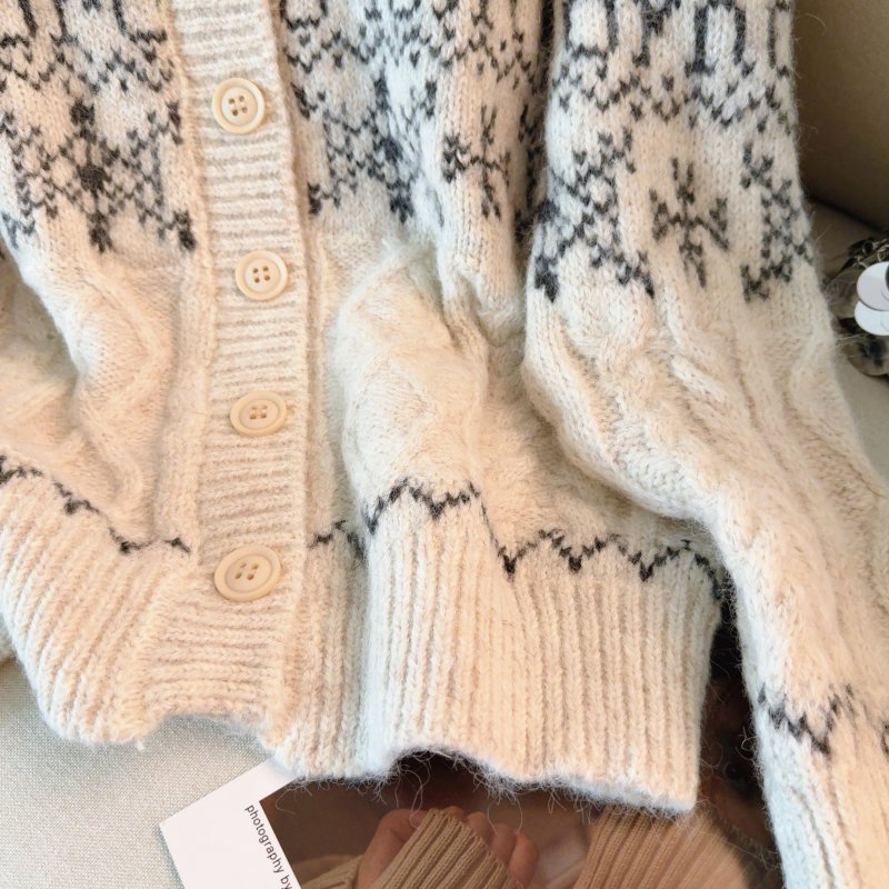 Vapetix Free Size-Free Size Women's Fall and Winter 2025 New Thick Collar Knit Cardigan with Fei Island Lace, Retro and Lazy St - 图片 6