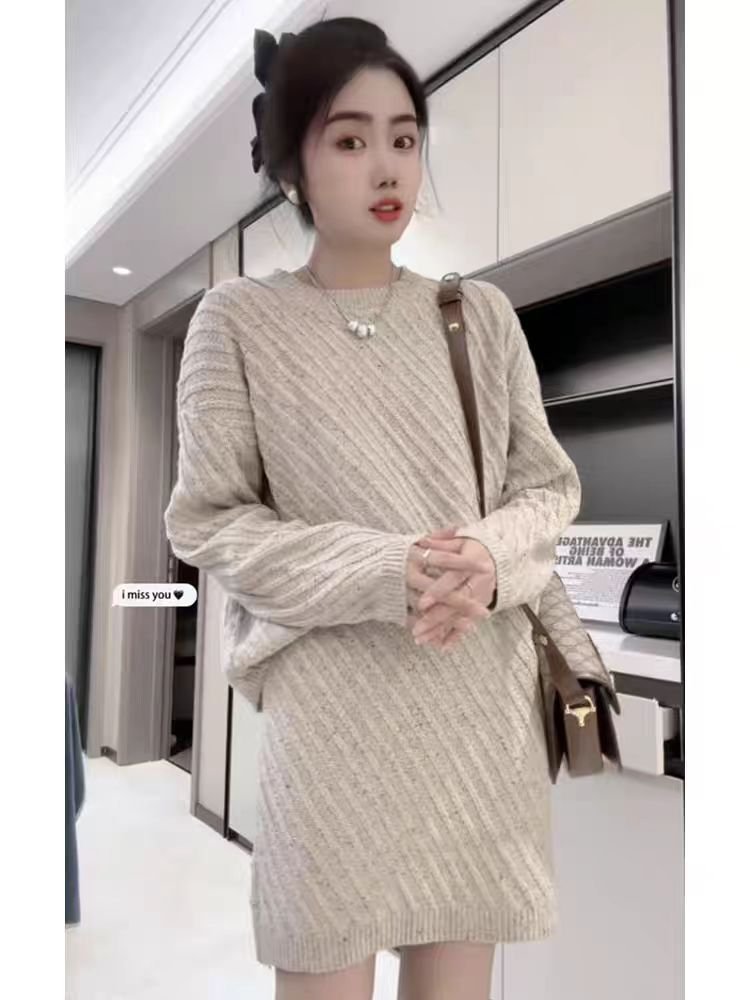 Vapetix Free Size-Free Size Autumn/Winter New Korean Style Indie Chic Relaxed Fit Ribbed Long Sleeve Hooded Sweater Skirt Two-P - 图片 8