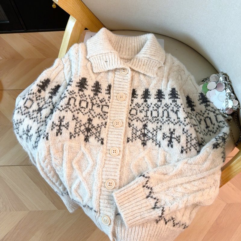 Vapetix Free Size-Free Size Women's Fall and Winter 2025 New Thick Collar Knit Cardigan with Fei Island Lace, Retro and Lazy St - 图片 7