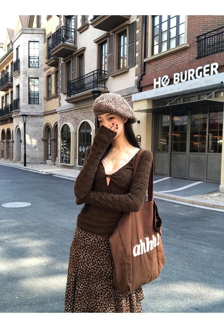 Vapetix S-XL Original lace inner wear base top women autumn winter high-end long sleeve t-shirt lace V-neck two- - 图片 7