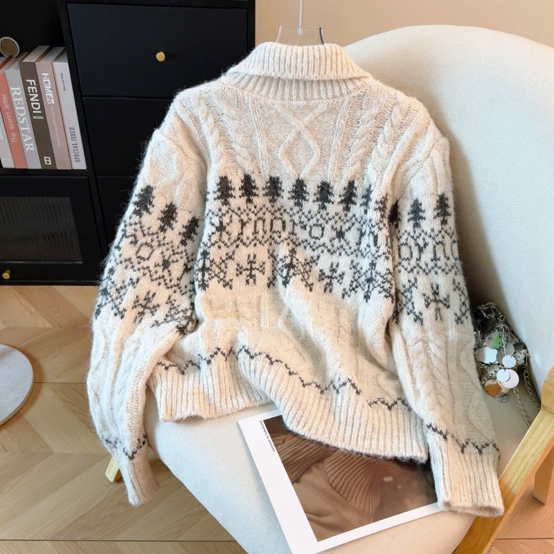 Vapetix Free Size-Free Size Women's Fall and Winter 2025 New Thick Collar Knit Cardigan with Fei Island Lace, Retro and Lazy St - 图片 8