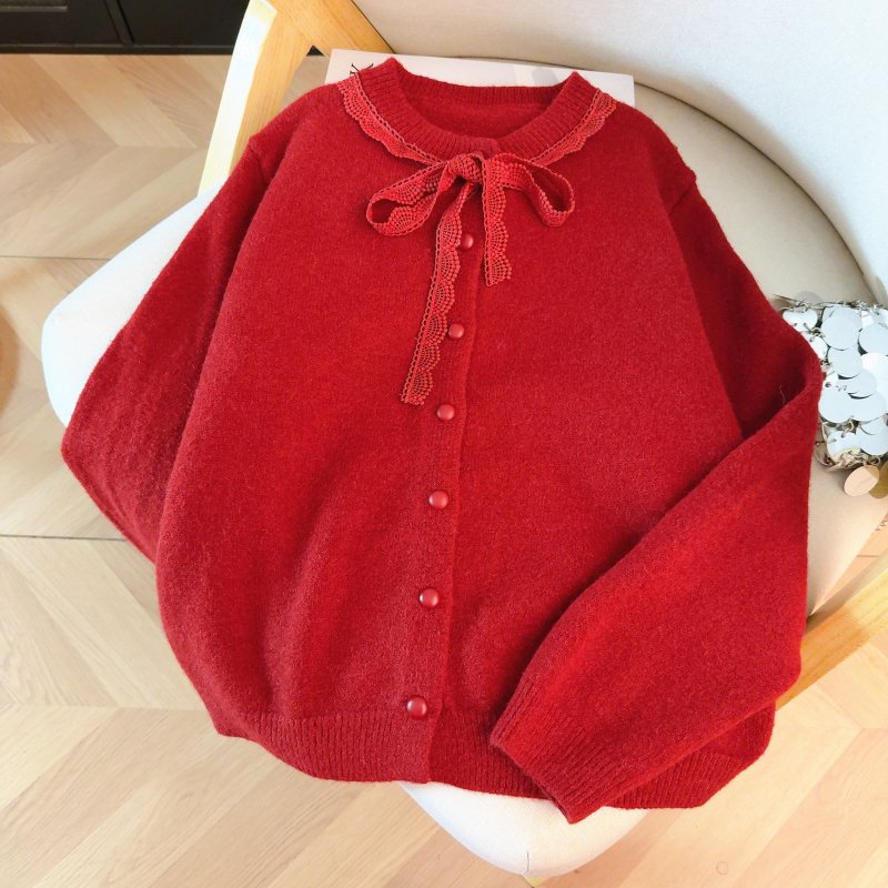 Vapetix Free Size-Free Size Women's Soft and Gentle Knit Cardigan Top with Butterfly Bow and Lace, Spring 2026 Red Version - 图片 8