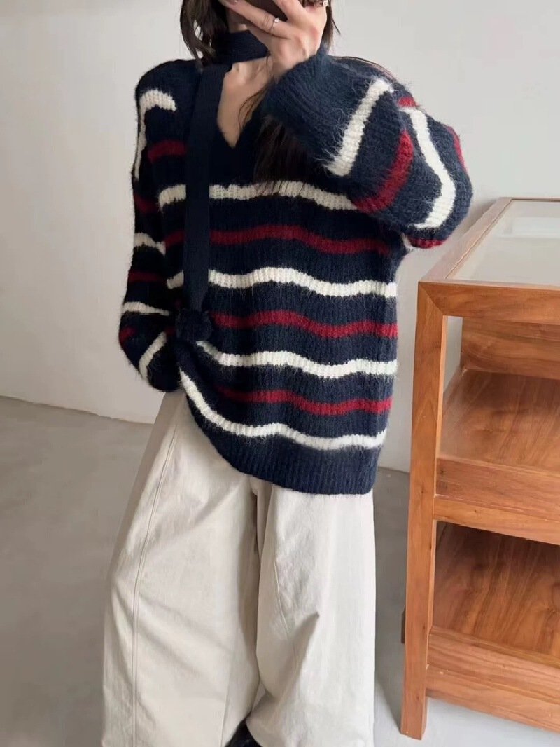 Vapetix Free Size-Free Size Winter 2025 Knit Top Striped Innerwear V-Neck Women's Loose Hanging Neck Turtleneck Korean Thickene - 图片 7