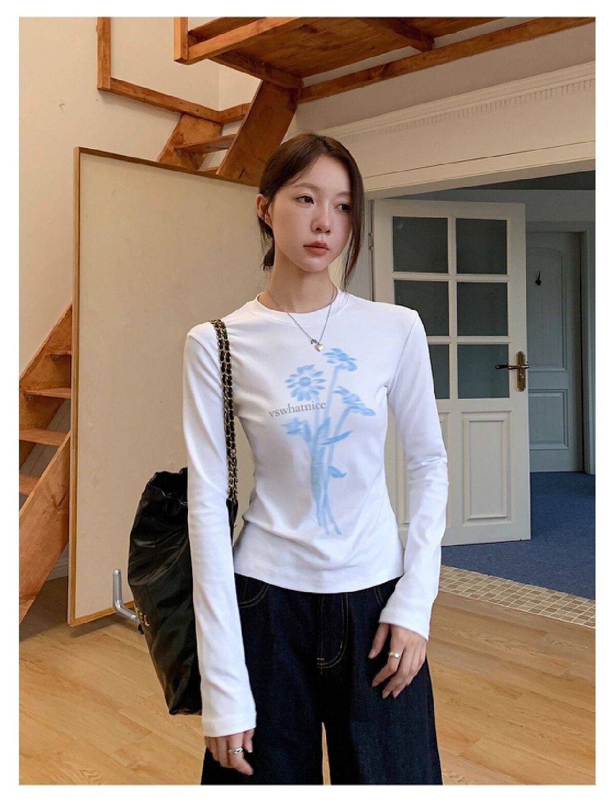 Vapetix S-XL No-exposure waist #New long-sleeved T-shirt, slim-fit base layer with a designer touch, niche and v - 图片 9