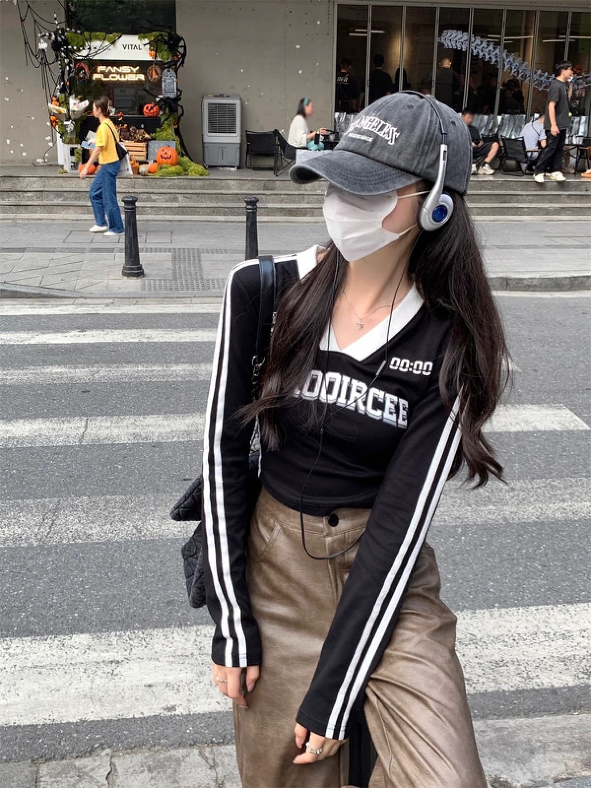 Vapetix S-XL 40-thread 1x1 ribbed cotton spring/fall women's wear new slim-fit V-neck letter-print base shirt se - 图片 9