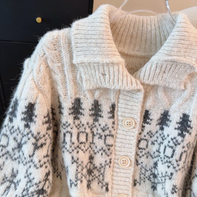 Vapetix Free Size-Free Size Women's Fall and Winter 2025 New Thick Collar Knit Cardigan with Fei Island Lace, Retro and Lazy St - 图片 9